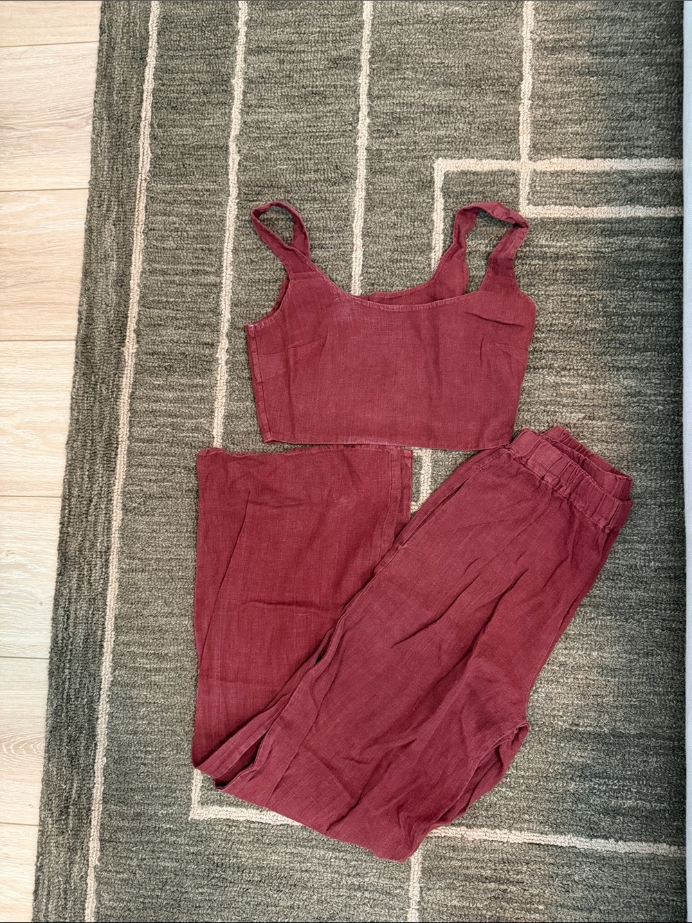 Honorine Two-Piece Linen-Blend Crop Top & Pants Set - Burgundy